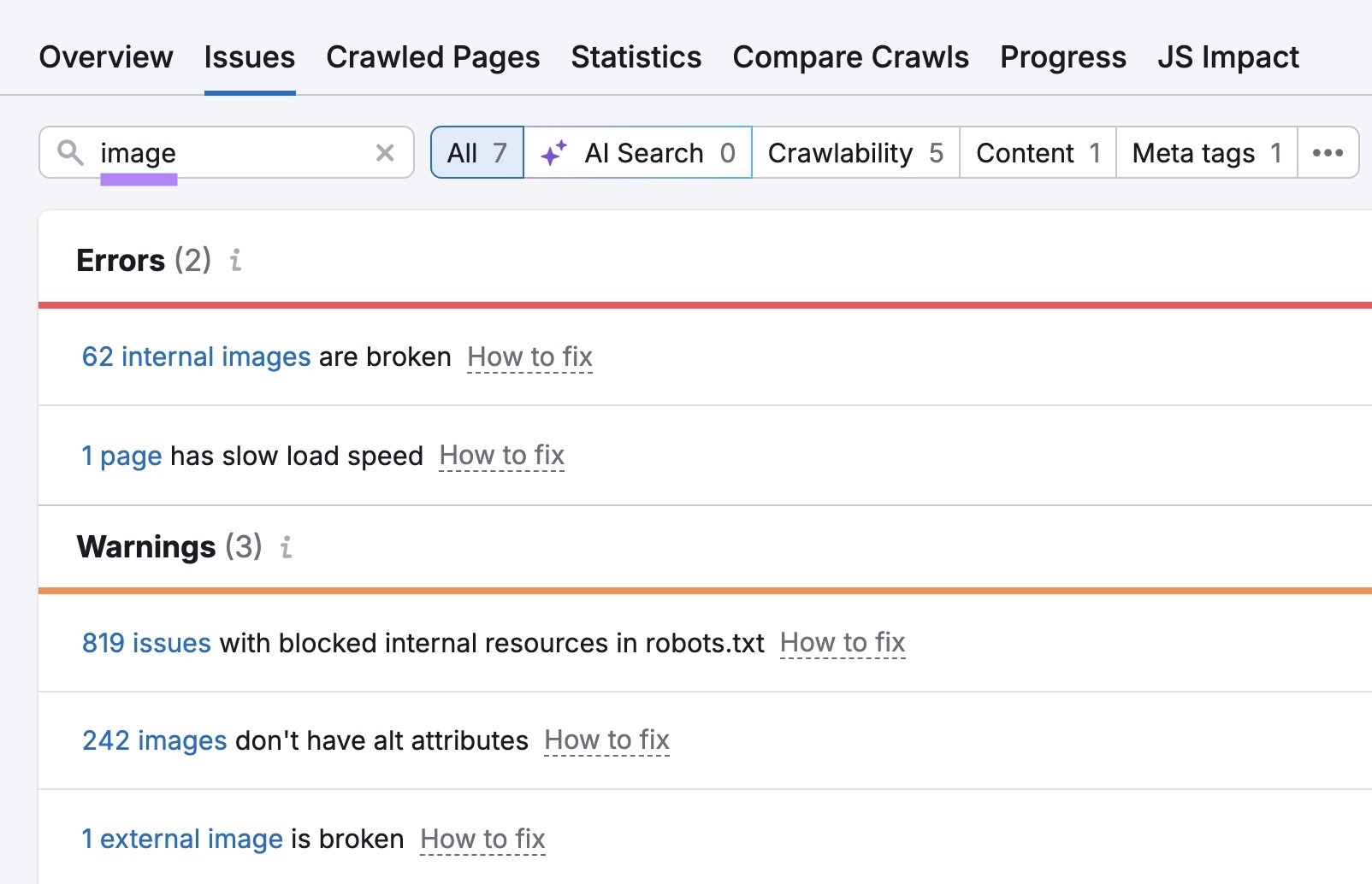The "Issues" tab on Site Audit with "image" entered showing a list of related errors and warnings.