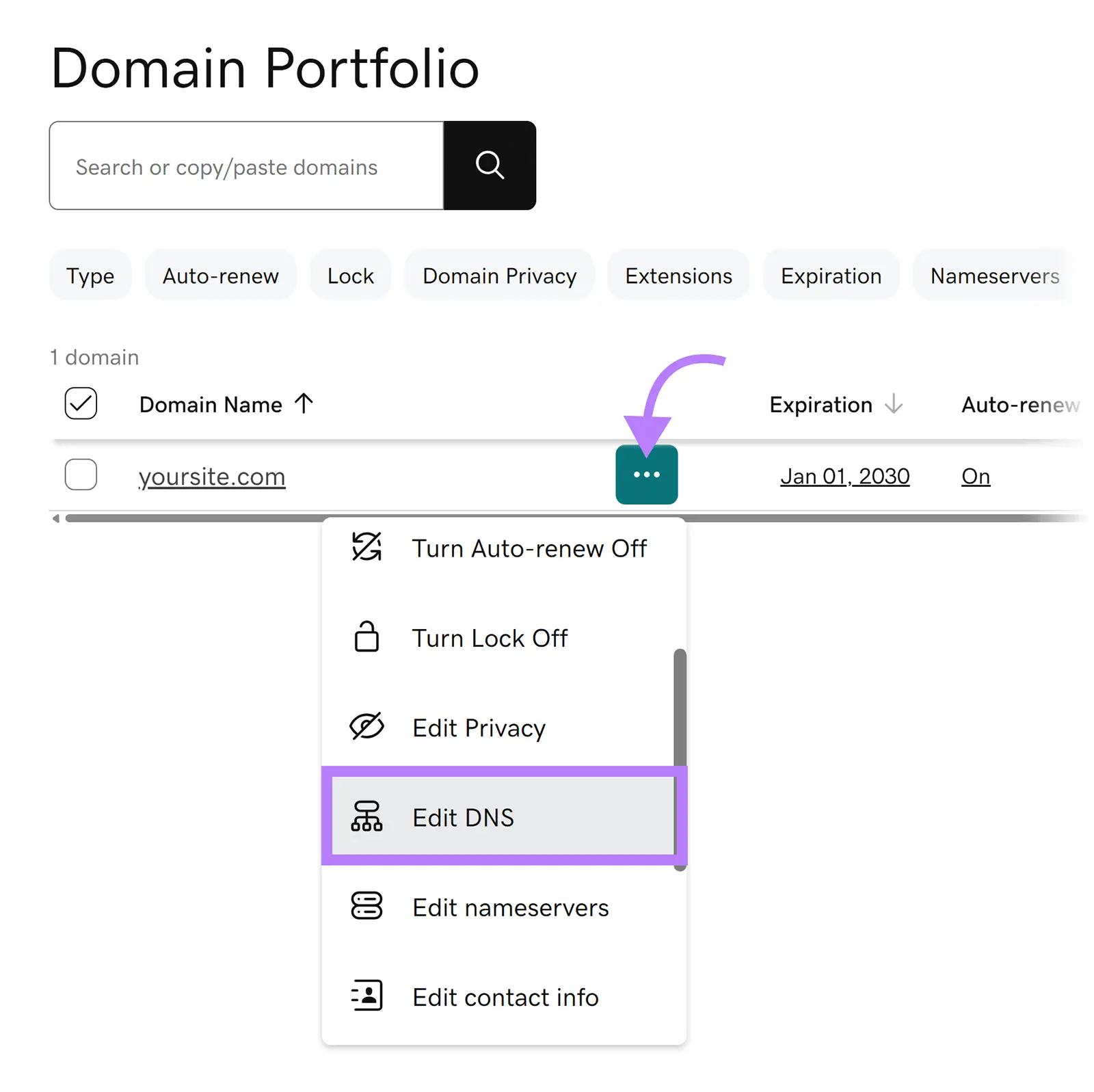 Domain Portfolio menu for yoursite.com with the Edit DNS option highlighted