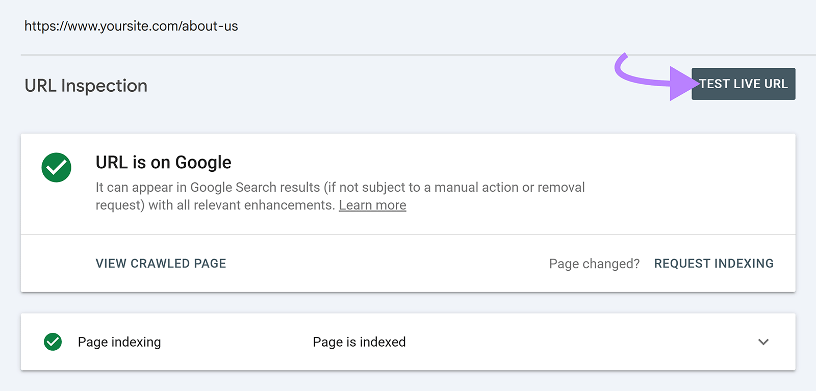 Google Search Console URL Inspection showing an indexed URL with the Test Live URL button highlighted