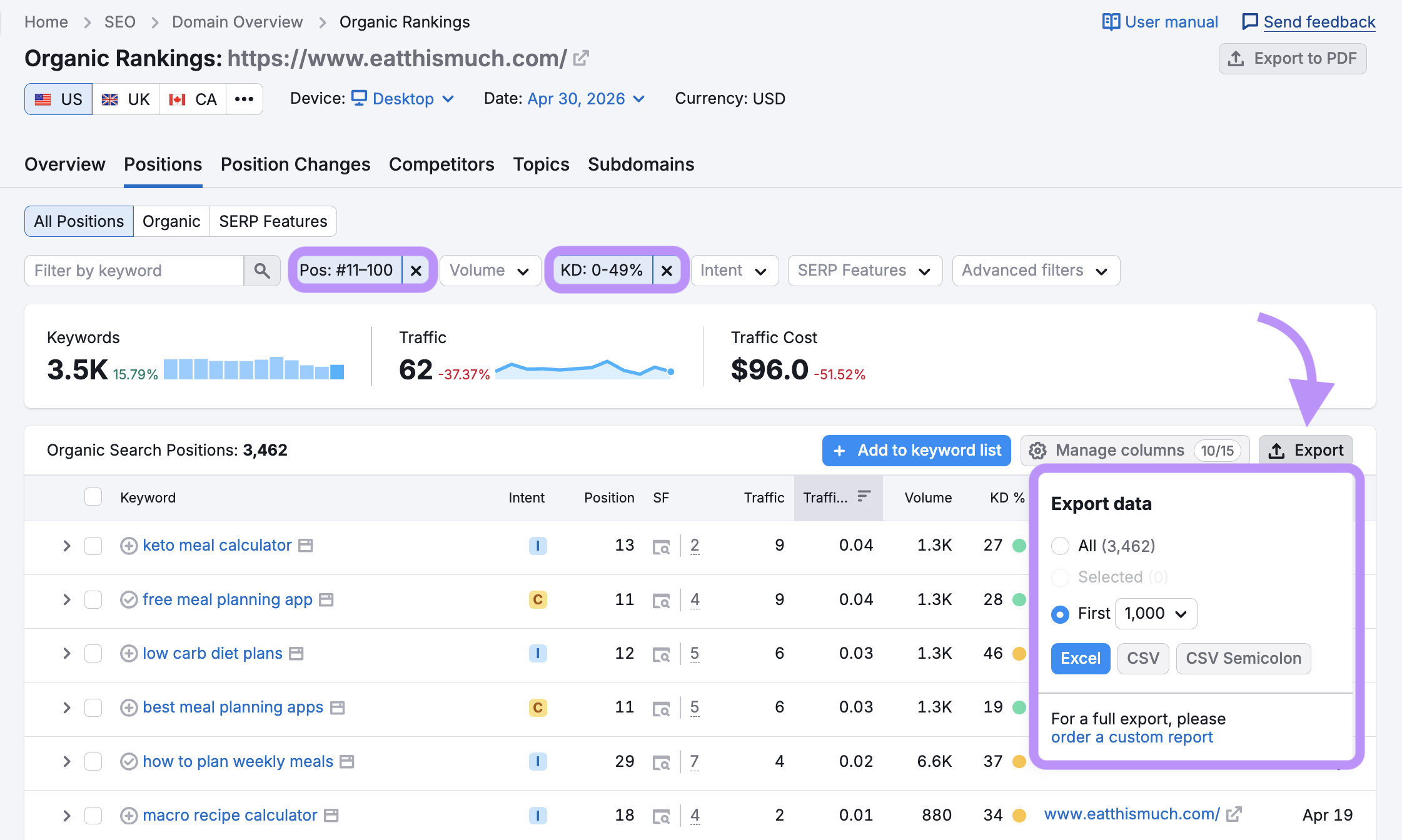 exporting a file from Organic Rankings