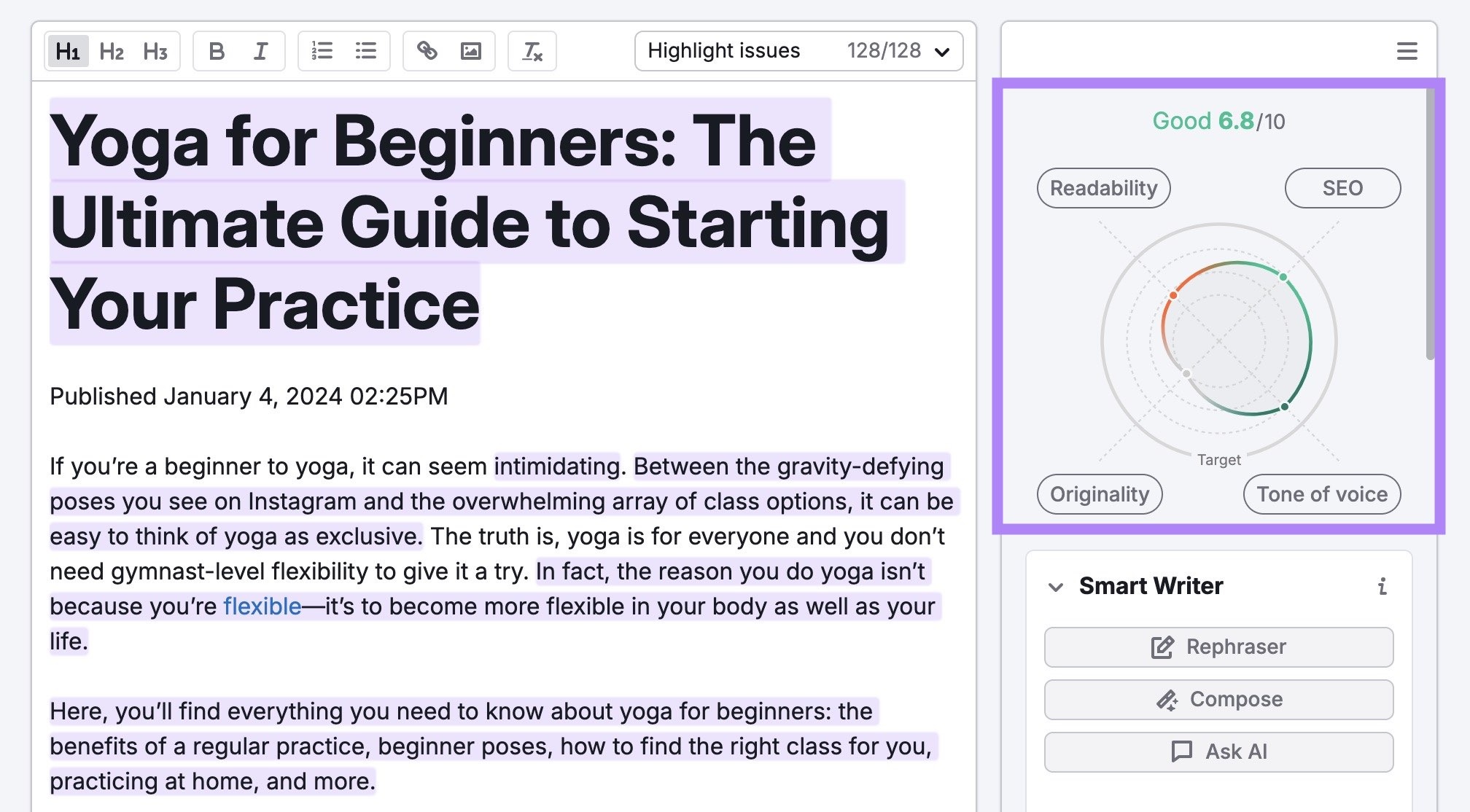 SEO Writing Assistant showing content on the left and an overall score on the right.
