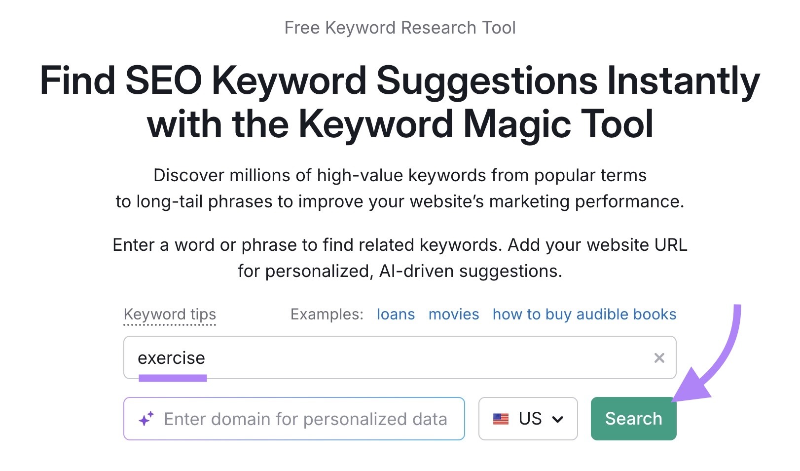 Keyword Magic Tool with "exercise" entered and "Search" clicked.