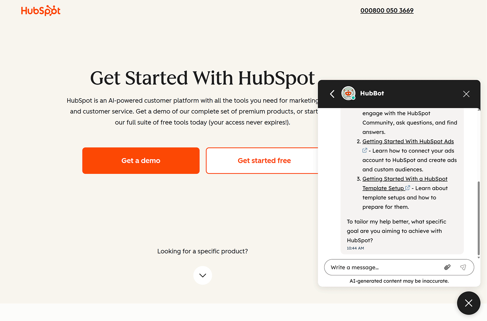 HubSpot landing page with “Get a demo” and “Get started free” CTAs and HubBot chat window open.