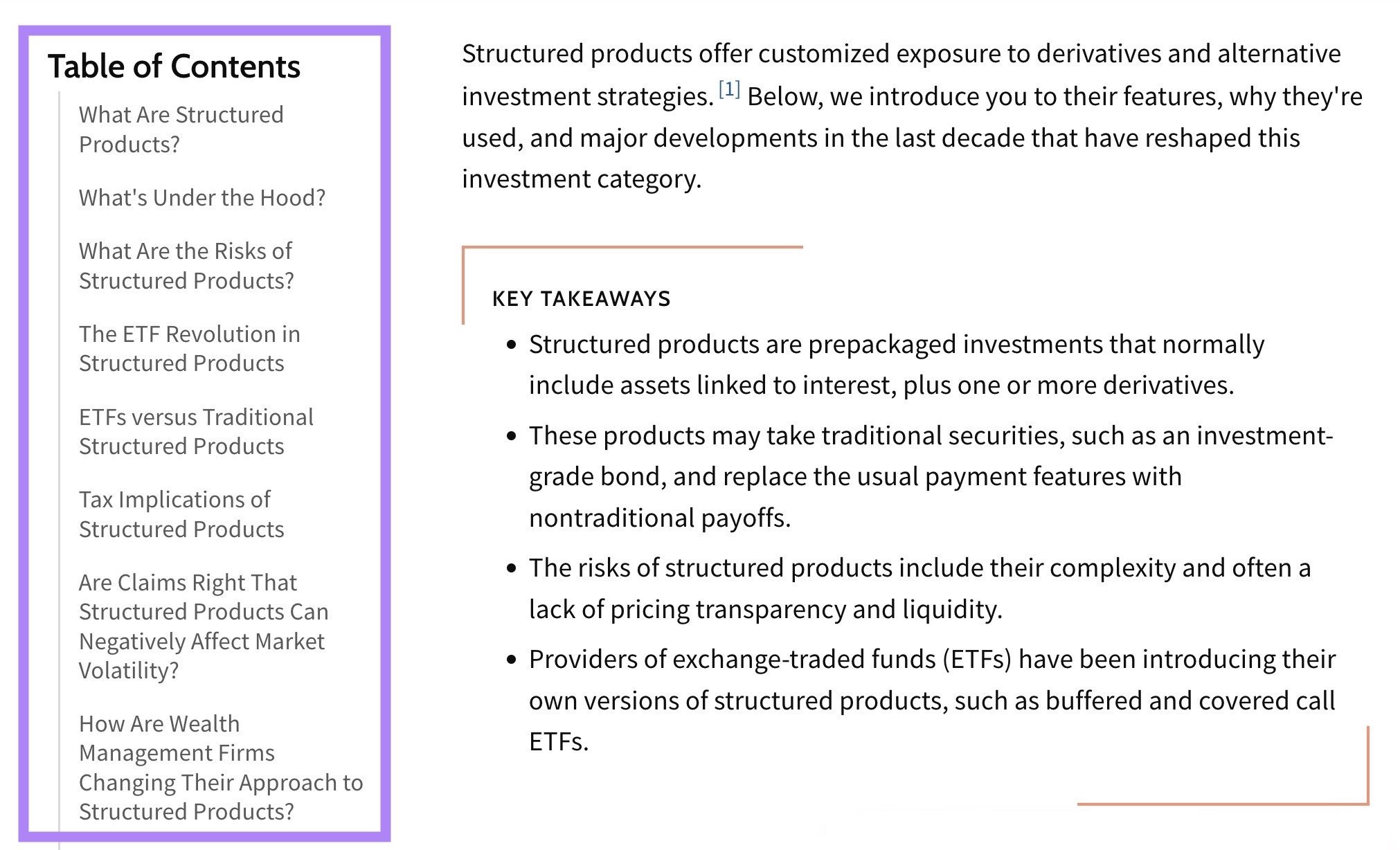 A blog post by Investopedia with the "Table of Contents" on the left highlighted.