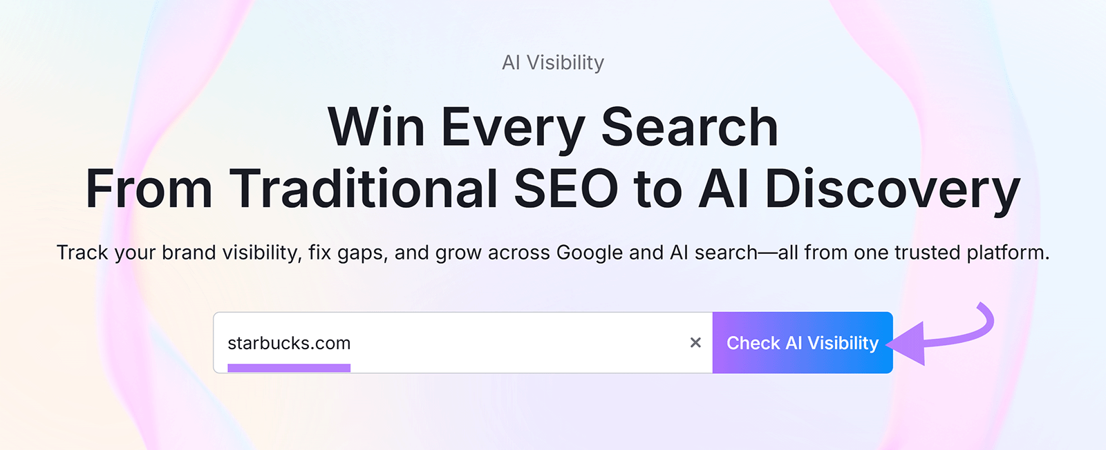 AI Visibility search page with domain input field and highlighted “Check AI Visibility” button