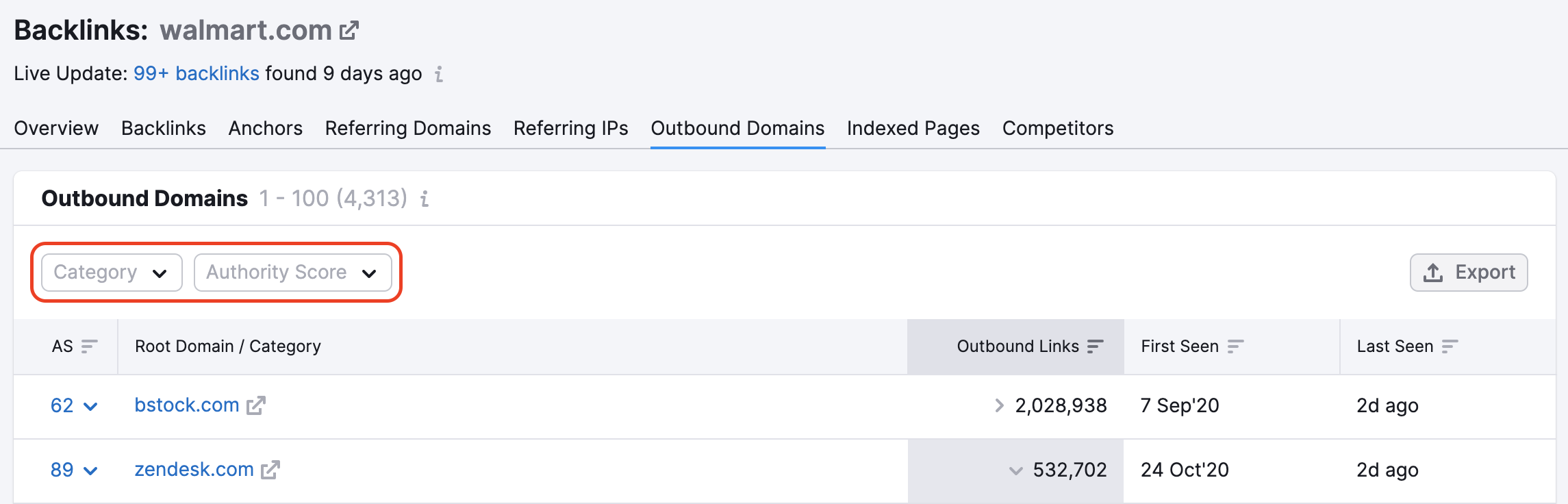 Backlinks tool Outbound Domains filter